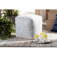 Baxton Studio Juvita-Ivory/Blue-Pouf Juvita Modern and Contemporary Ivory and Blue Handwoven Cotton Paisley Pouf Ottoman